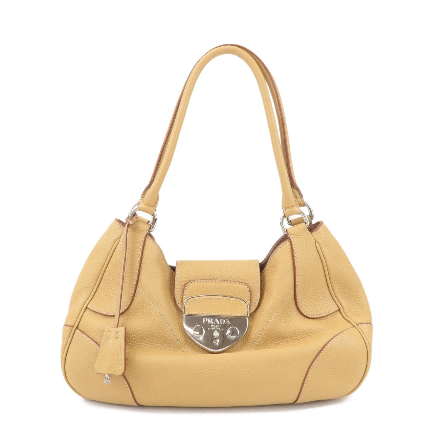 PRADA Leather Shoulder Bag Hand Bag Beige Silver HDW  d