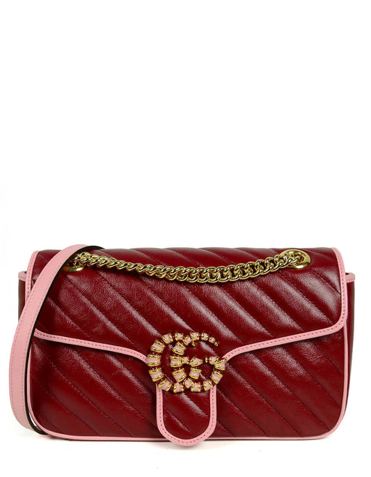 Gucci 2021 Red & Pink Leather GG Marmont Small Flap Shoulder Bag
