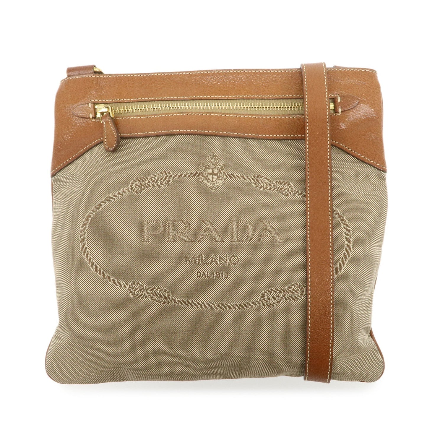 PRADA Logo Jacquard Leather Shoulder Bag Crossbody Bag Beige Brown