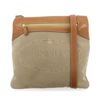 PRADA Logo Jacquard Leather Shoulder Bag Crossbody Bag Beige Brown