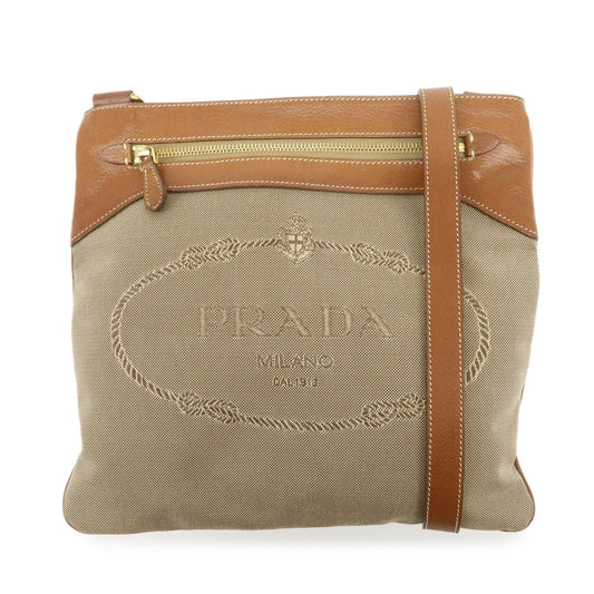 PRADA Logo Jacquard Leather Shoulder Bag Crossbody Bag Beige Brown