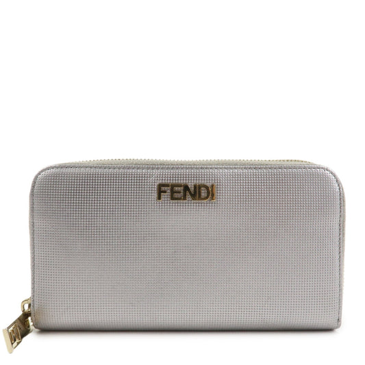 FENDI Leather Round Zippy Long Wallet Silver 8M0024  d