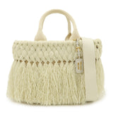 PRADA Logo Raffia Canvas Straw Hand Bag White Gold Charm1BG089