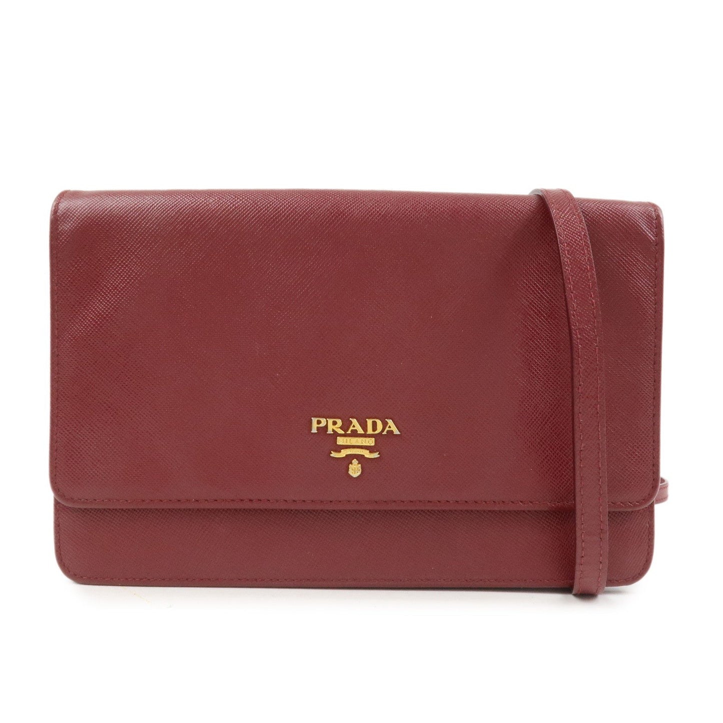 PRADA Saffiano Leather Shoulder Wallet Red Gold BT1019