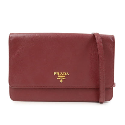 PRADA Saffiano Leather Shoulder Wallet Red Gold BT1019