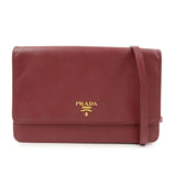PRADA Saffiano Leather Shoulder Wallet Red Gold BT1019