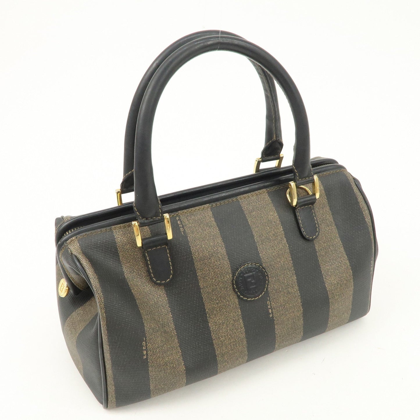 FENDI Pequin PVC Canvas Hand Bag Boston Bag Black Brown  d