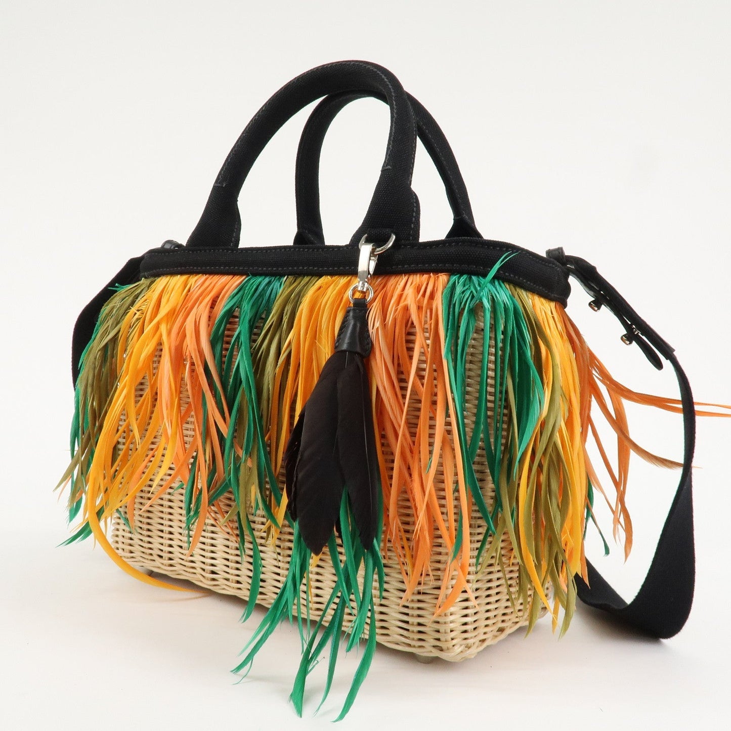 PRADA Wicker Canvas Basket Bag Beige Multicolor Silver HDW 1BG835  d