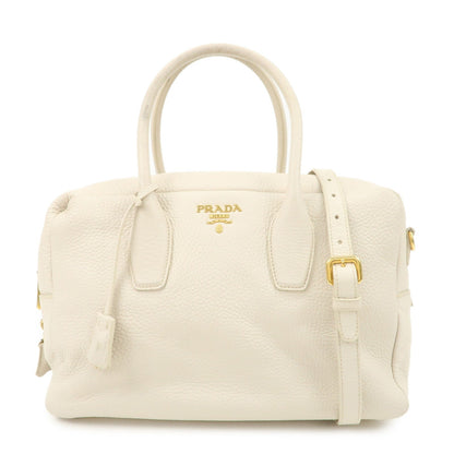PRADA Logo Leather 2Way Boston Shoulder Bag Gold HDW Ivory