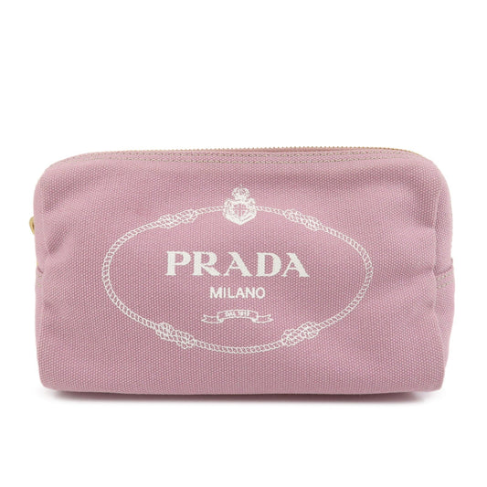 PRADA Logo Canapa Canvas Cosmetic Pouch Makeup Bag Pink 1NA693