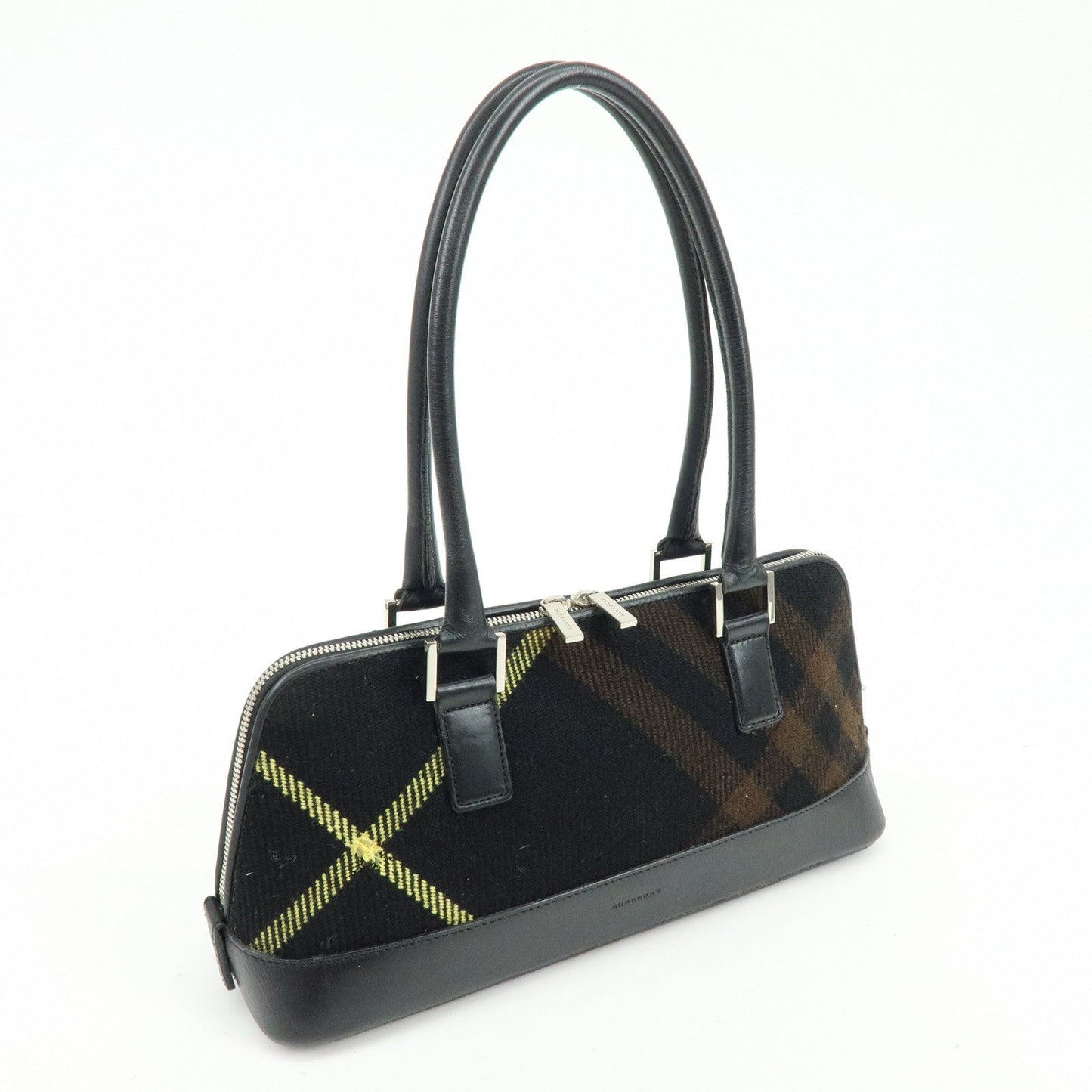 BURBERRY Plaid Canvas Leather Shoulder Bag Hand Bag Black Brown