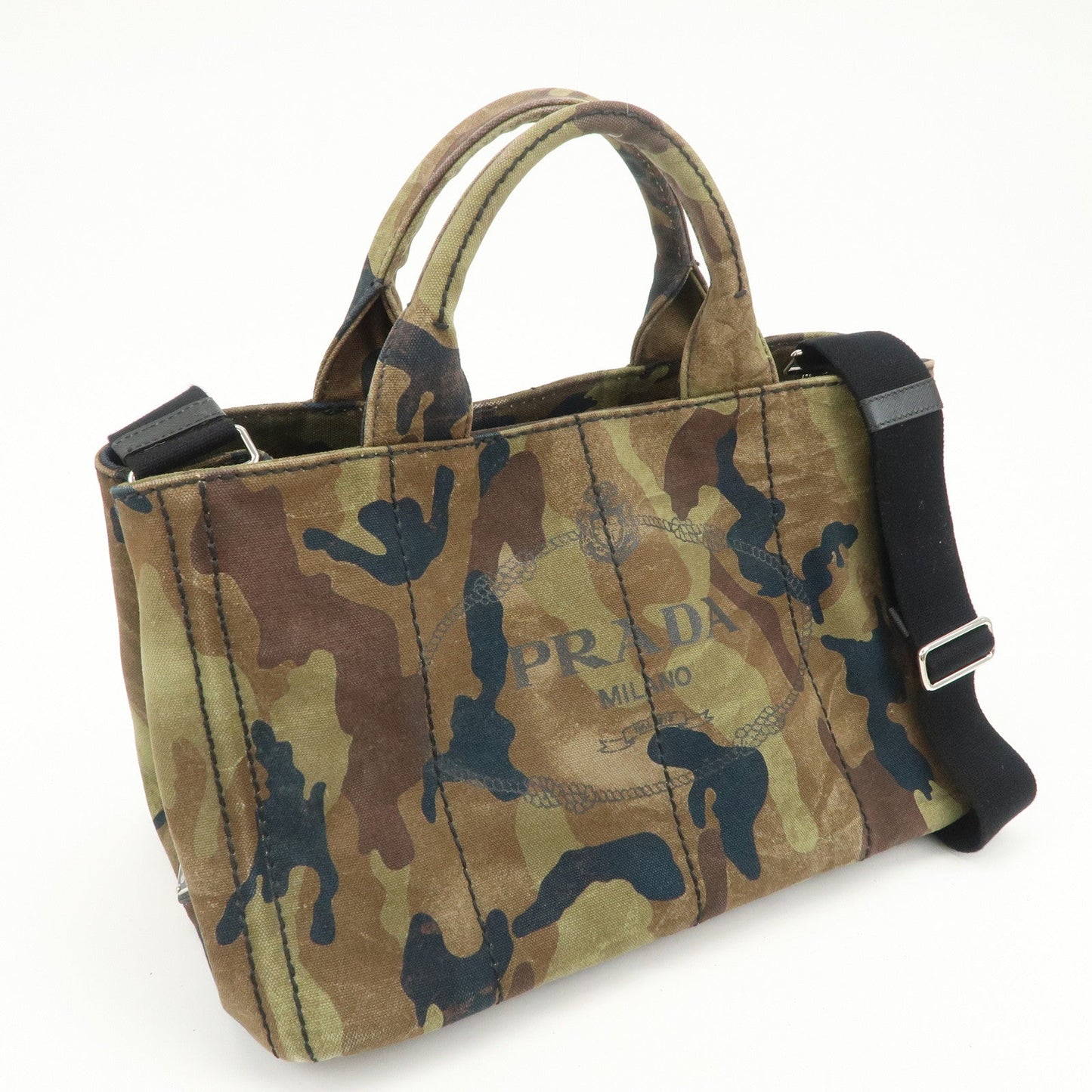 PRADA Logo Canapa Canvas 2Way Hand Bag Camouflage Khaki B2642B