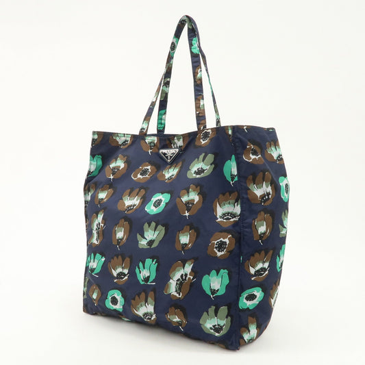 PRADA Triangle Logo Nylon Tote Bag w/Pouch Flower Print Navy B4626B  d
