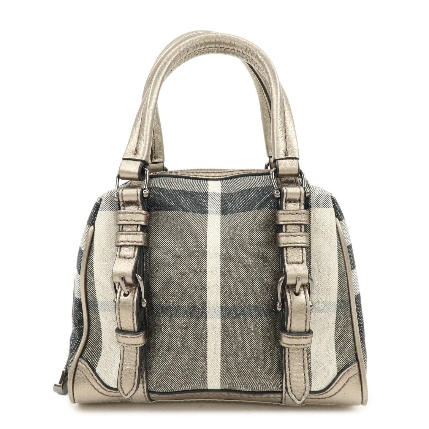 BURBERRY Plaid Canvas Leather Hand Bag Gray Champagne Gold