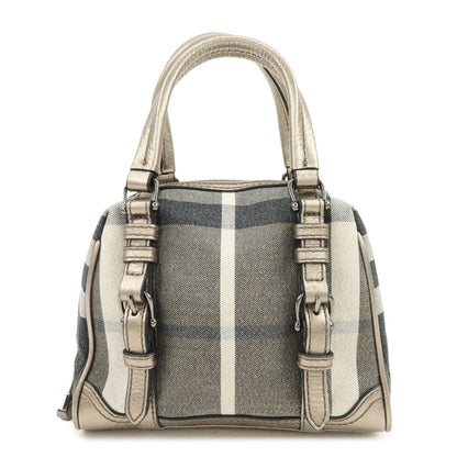 BURBERRY Plaid Canvas Leather Hand Bag Gray Champagne Gold