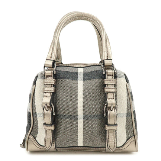 BURBERRY Plaid Canvas Leather Hand Bag Gray Champagne Gold