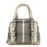 BURBERRY Plaid Canvas Leather Hand Bag Gray Champagne Gold