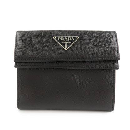 PRADA Triangle Logo Saffiano Leather Compact Wallet Black M53X