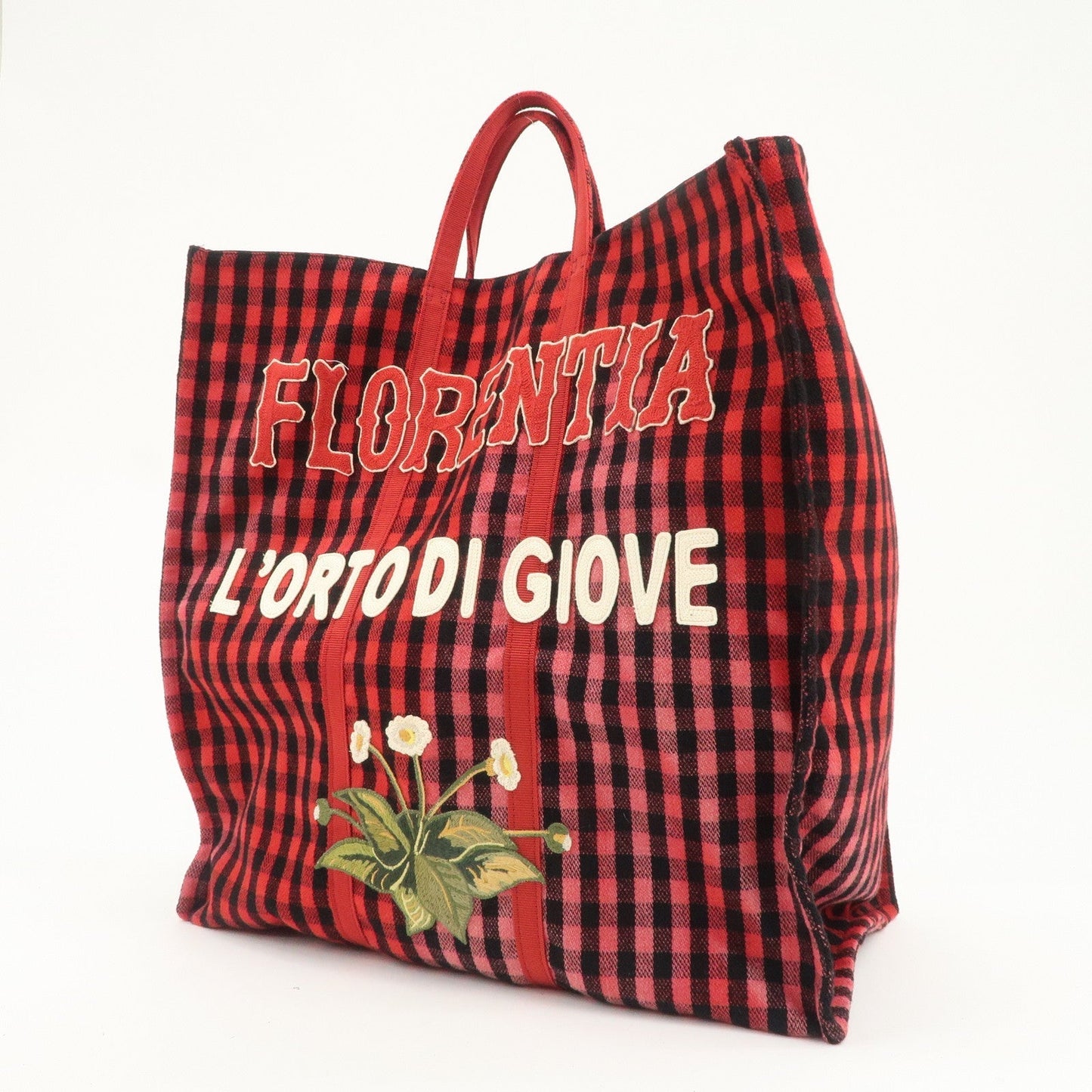 GUCCI Canvas Tote Bag Hand Bag Flower Plaid Red 484690