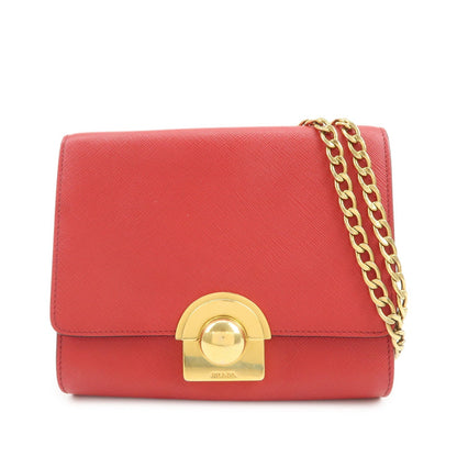 PRADA Logo Saffiano Leather Chain Shoulder Bag Red 1BH007