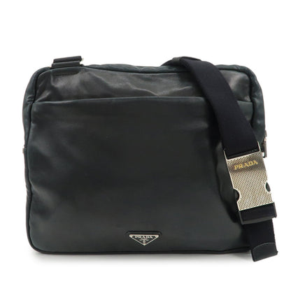 PRADA Triangle Logo Lamb Skin Canvas Shoulder Crossbody Bag Black