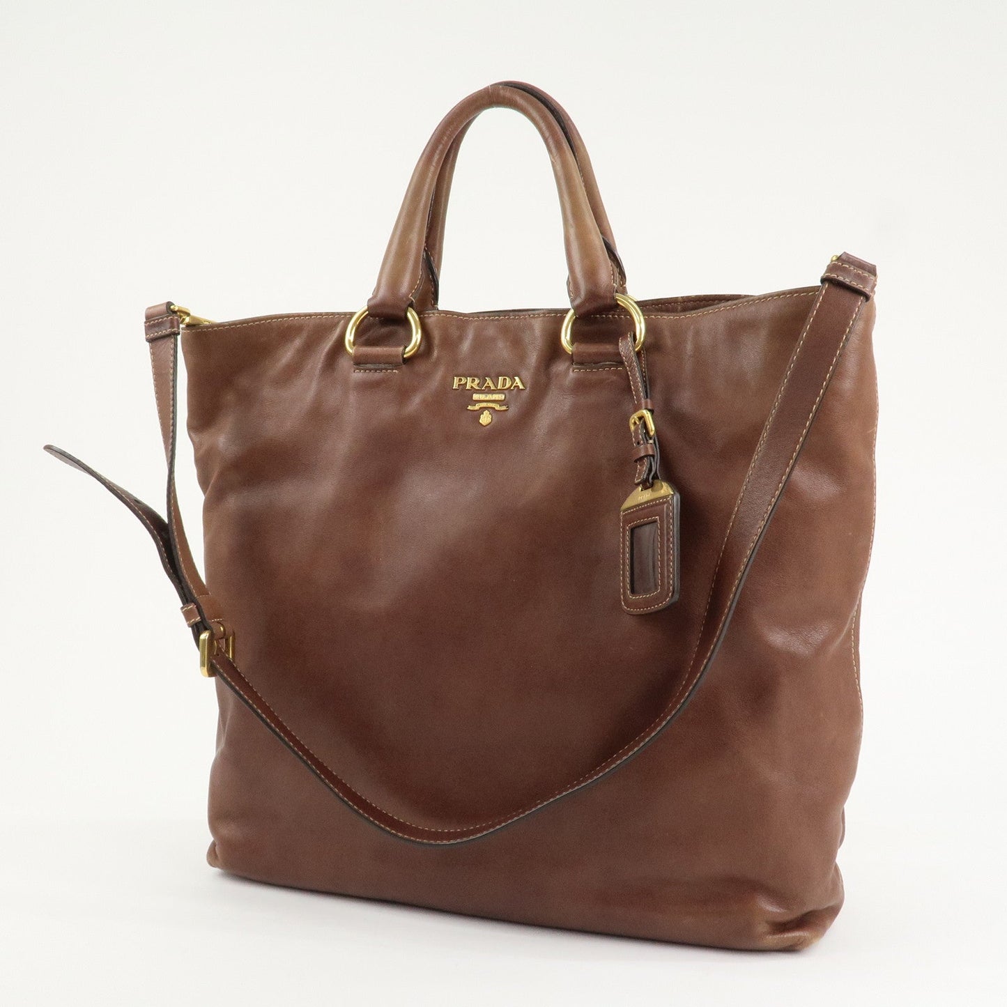PRADA Logo Leather 2way Shoulder Bag Tote Bag Gold HDW Brown  d