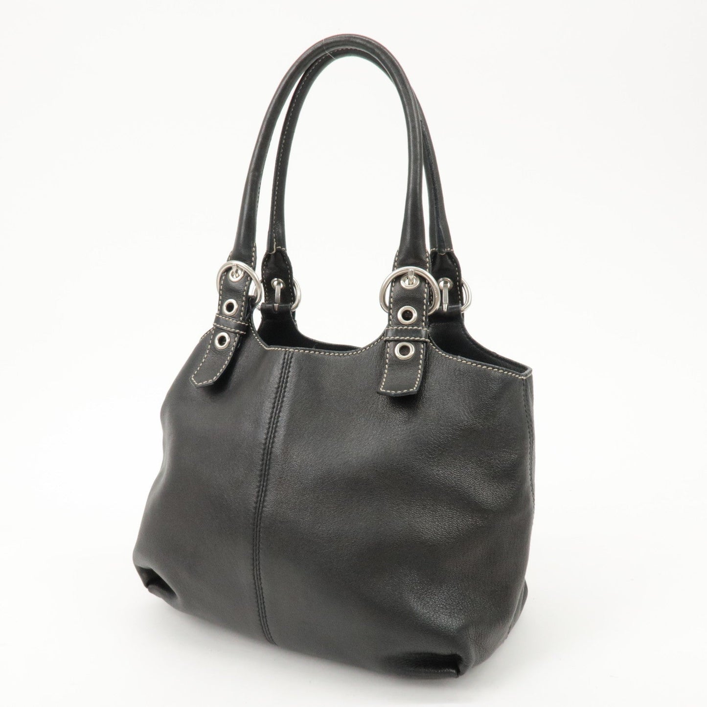 PRADA Triangle Logo Leather Tote Bag Hand Bag Black  d