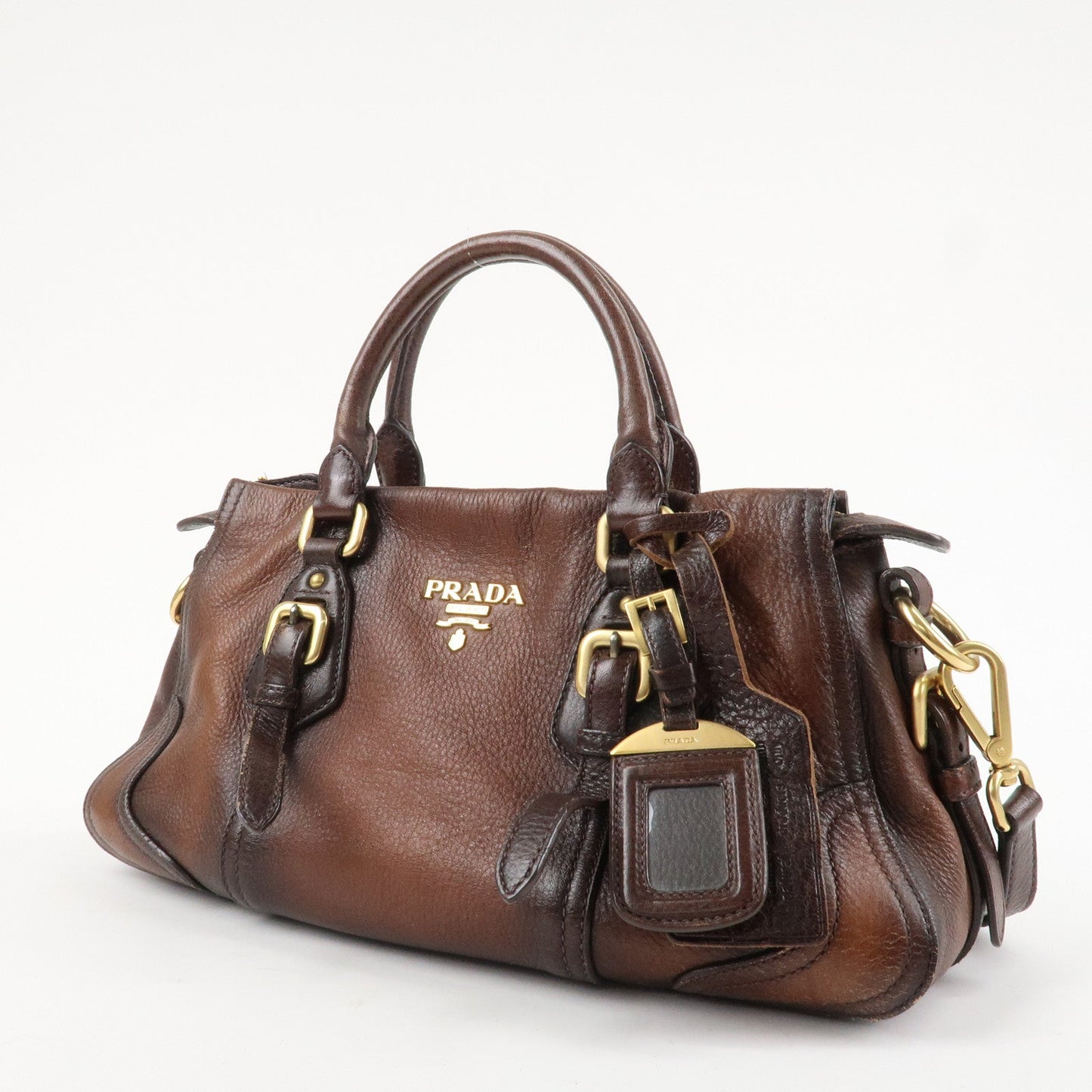 PRADA Logo Leather 2WAY Tote Bag Hand Bag Brown Gold Hardware  d