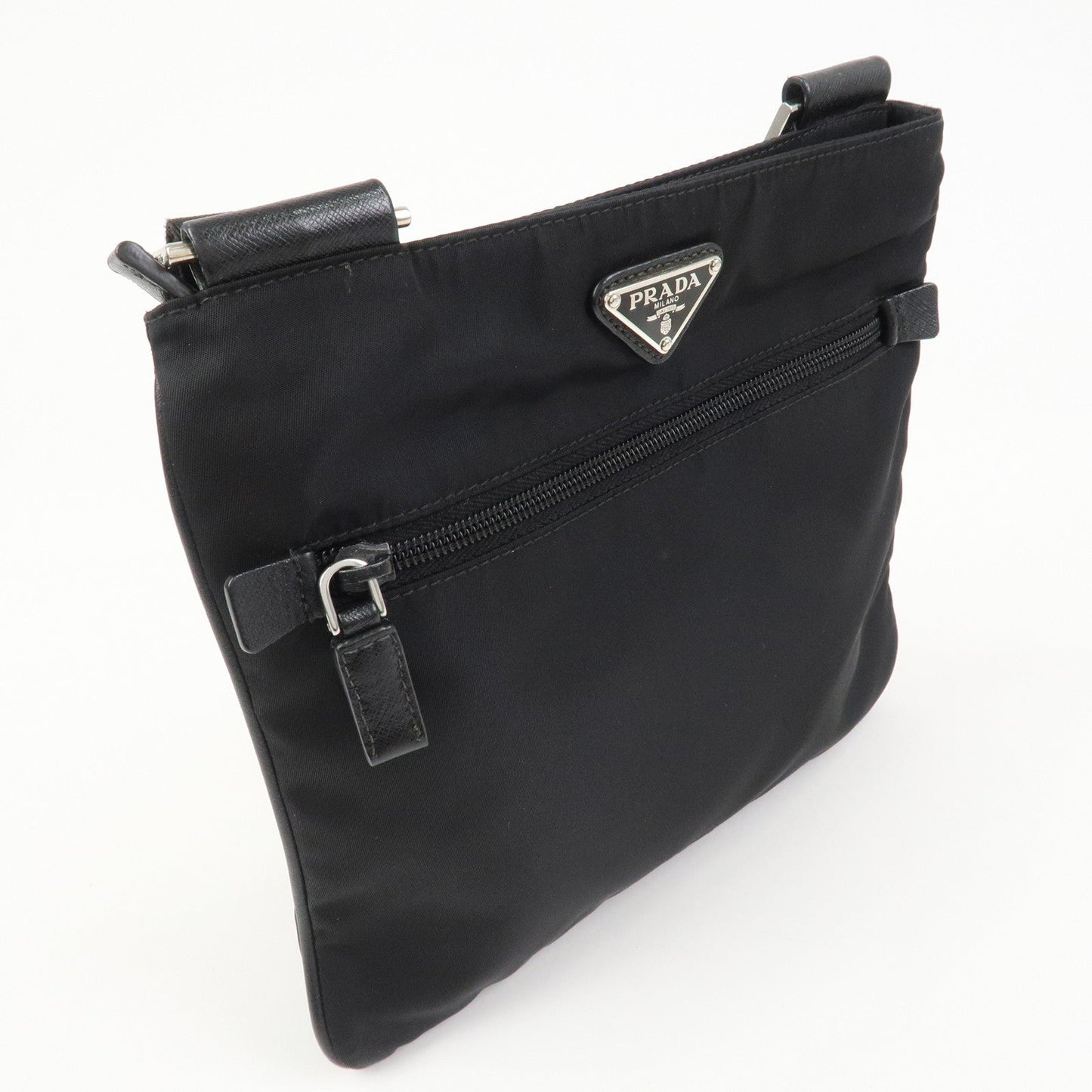 PRADA Triangle Logo Nylon Leather Shoulder Bag Black 1BH978