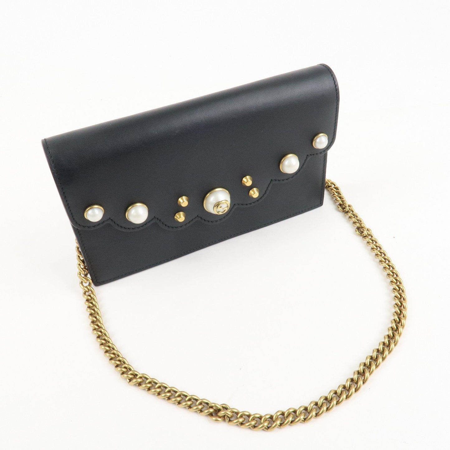 GUCCI GG Marmont Leather Chain Wallet Gold HDW Black 431478  d