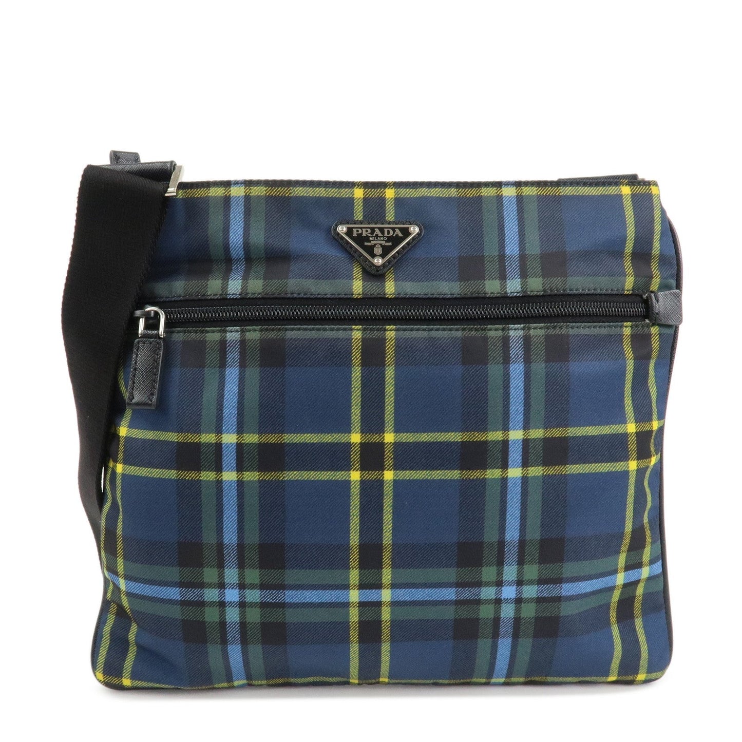 PRADA Triangle Logo Nylon Plaid Shoulder Bag Navy Multicolor VA053M  d