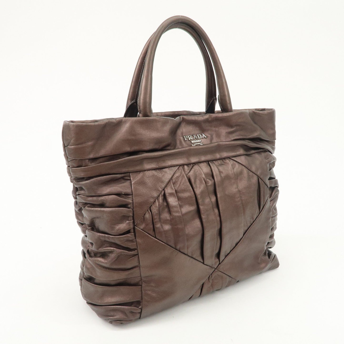 Prada Gathered Leather Tote Bag Hand Bag Bronze Silver HDW BN1719  d
