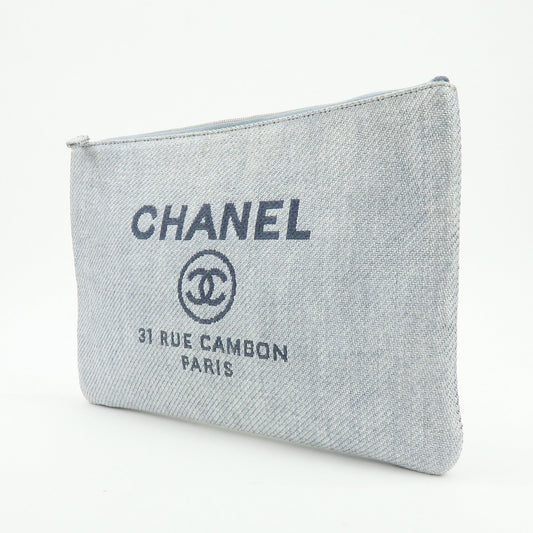 CHANEL Deauville COCO Mark Straw Clutch Bag Pouch Gray A80117