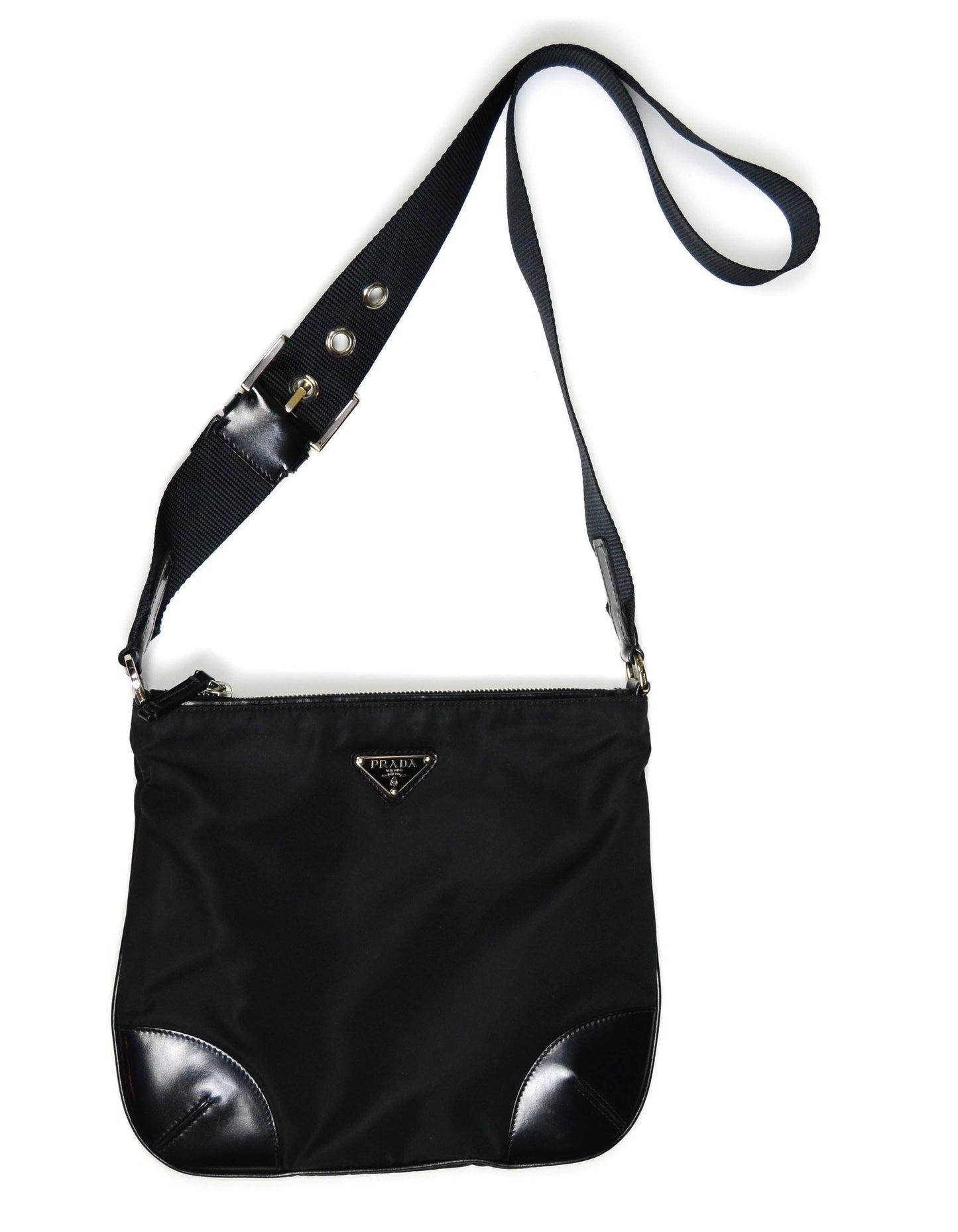 Prada Black Flat Tessuto Nylon Crossbody Bag w/ Leather Trim