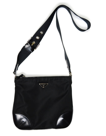 Prada Black Flat Tessuto Nylon Crossbody Bag w/ Leather Trim