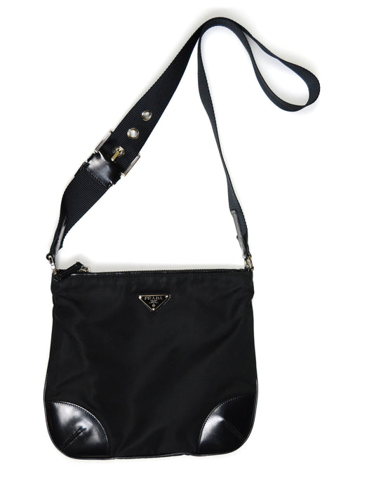 Prada Black Flat Tessuto Nylon Crossbody Bag w/ Leather Trim