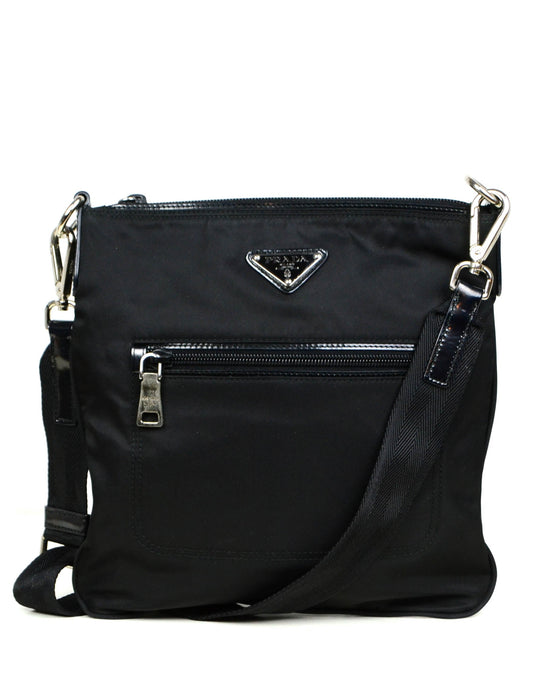 Prada Black Tessuto Nylon Flat Crossbody Bag w/ Front Pocket