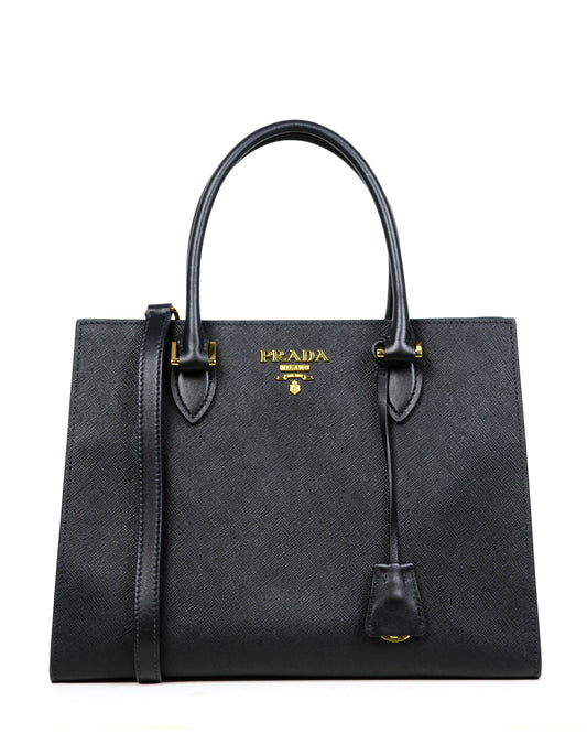 Prada Black Saffiano Leather Lux Convertible Tote Bag w/ Strap 1BA118