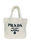 Prada White Yarn Raffia Effect Crochet Embroidered Small Logo Tote Bag
