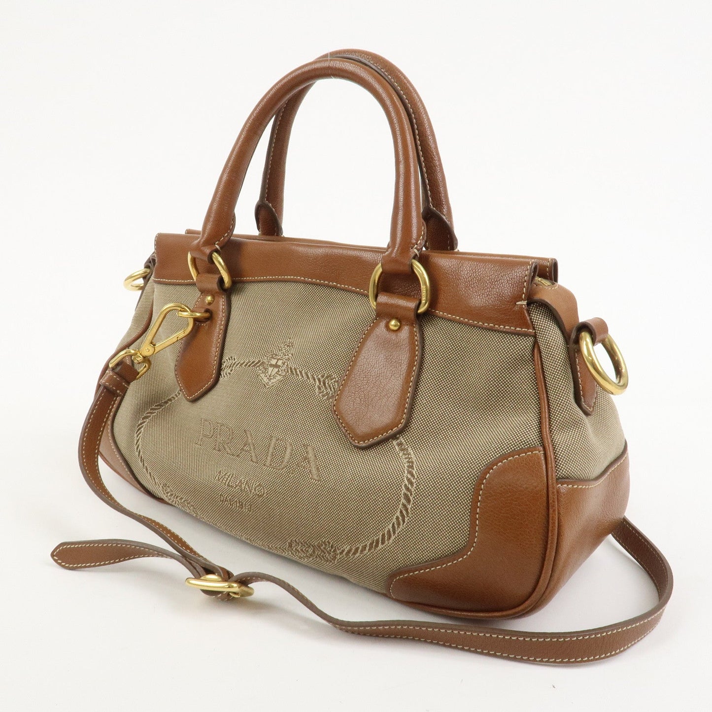 PRADA Logo Jacquard Leather 2Way Bag Hand Bag Brown BN1839
