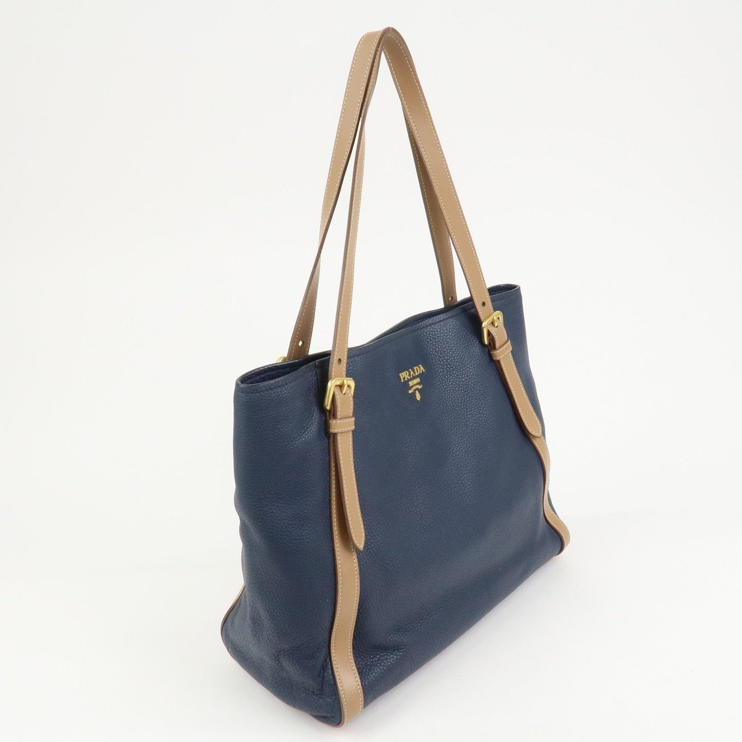 PRADA Logo Leather Tote Bag Shoulder Bag Navy Light Brown 1BG064