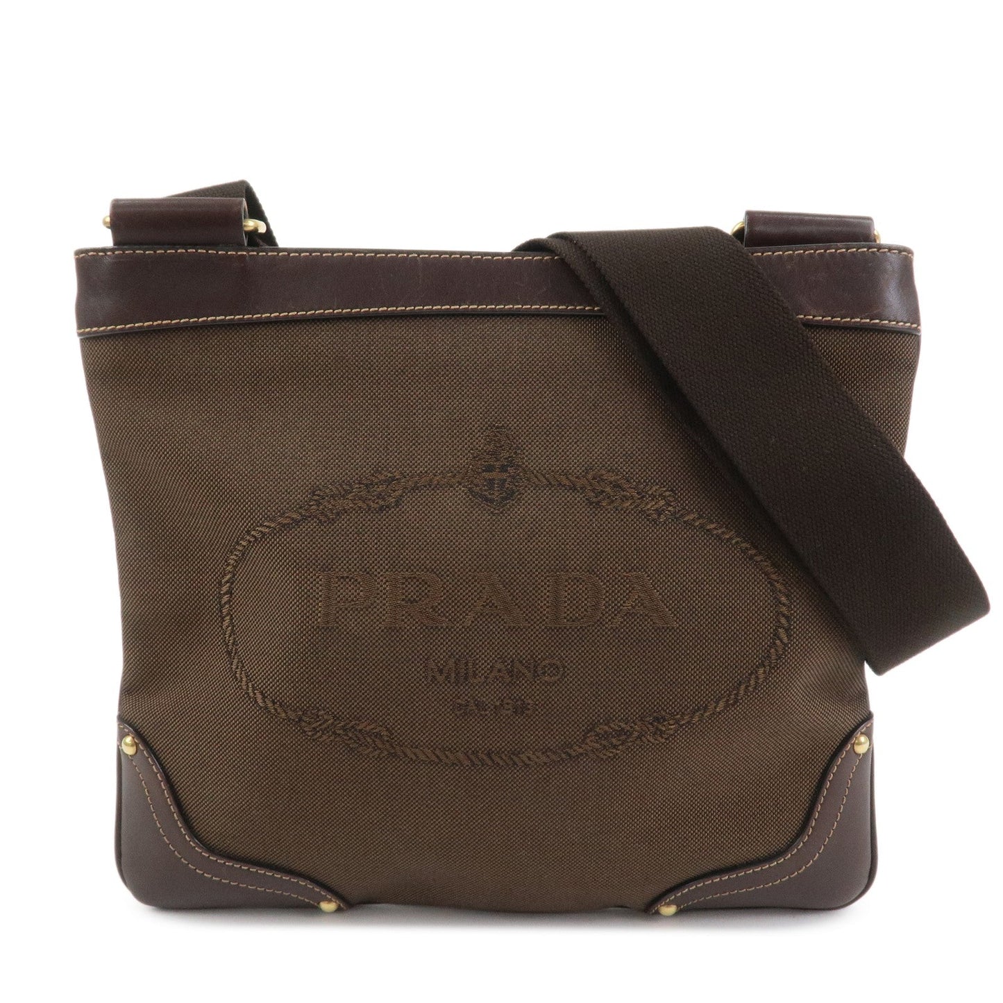 PRADA Logo Jacquard Leather Shoulder Bag Brown BT0537
