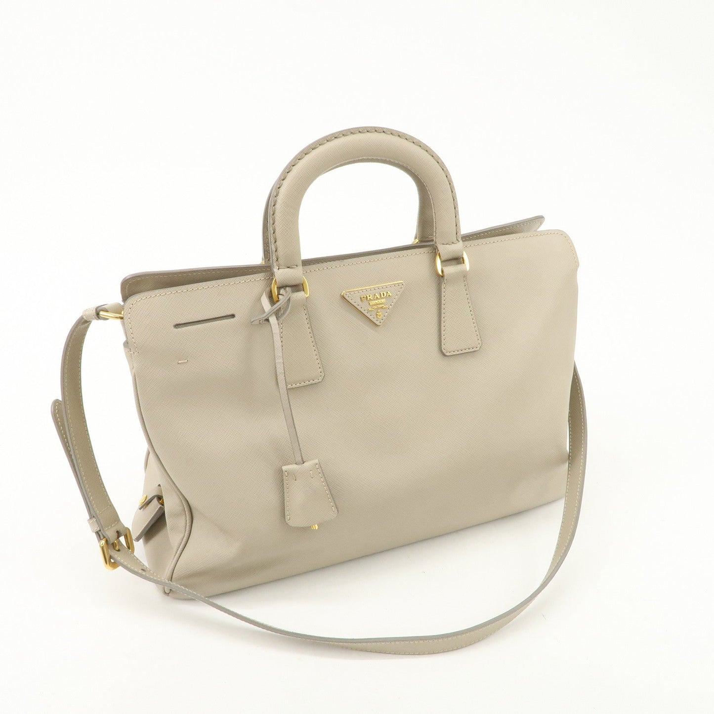 PRADA Triangle Logo Leather 2Way Bag Hand Bag Beige Gold Hardware  d