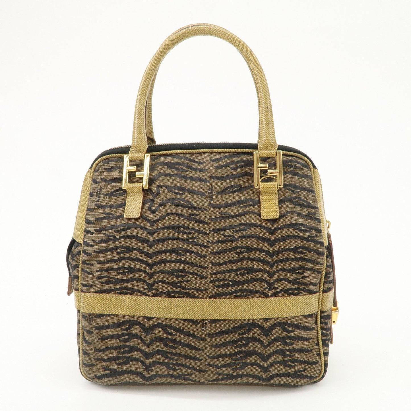 FENDI Leather Canvas 2Way Bag Hand Bag Zebra Print Black Brown  d