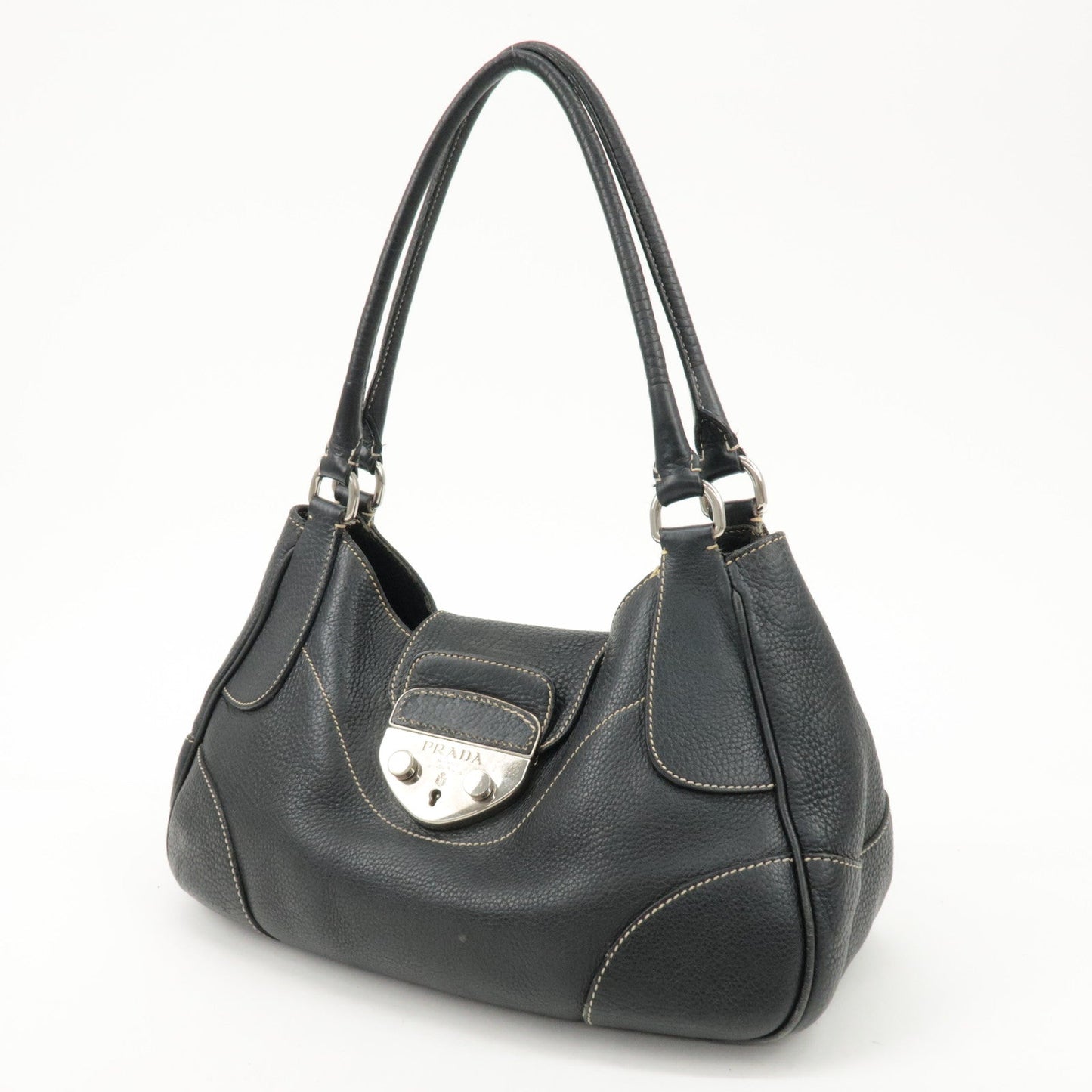 PRADA Logo Leather Shoulder Bag Hand Bag Black BR3593  d