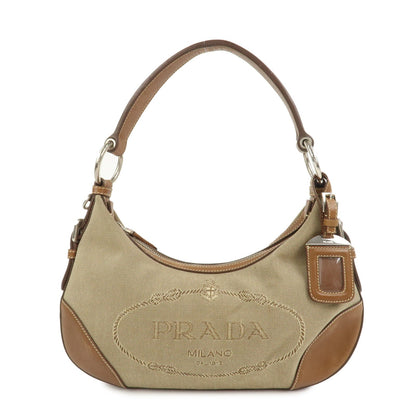 PRADA Logo Jacquard Leather Shoulder Bag Beige Brown BR3429