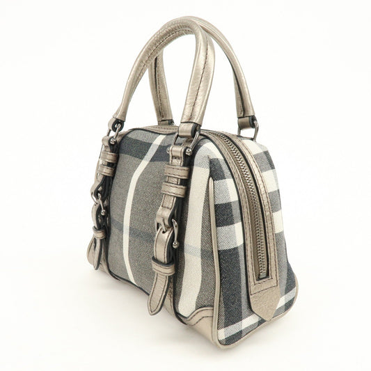 BURBERRY Plaid Canvas Leather Hand Bag Gray Champagne Gold