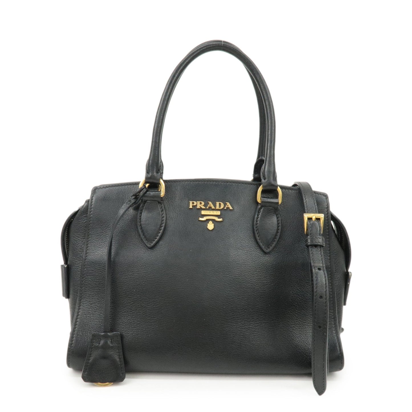 PRADA Leather 2Way Bag Shoulder Hand Bag Black Gold  d
