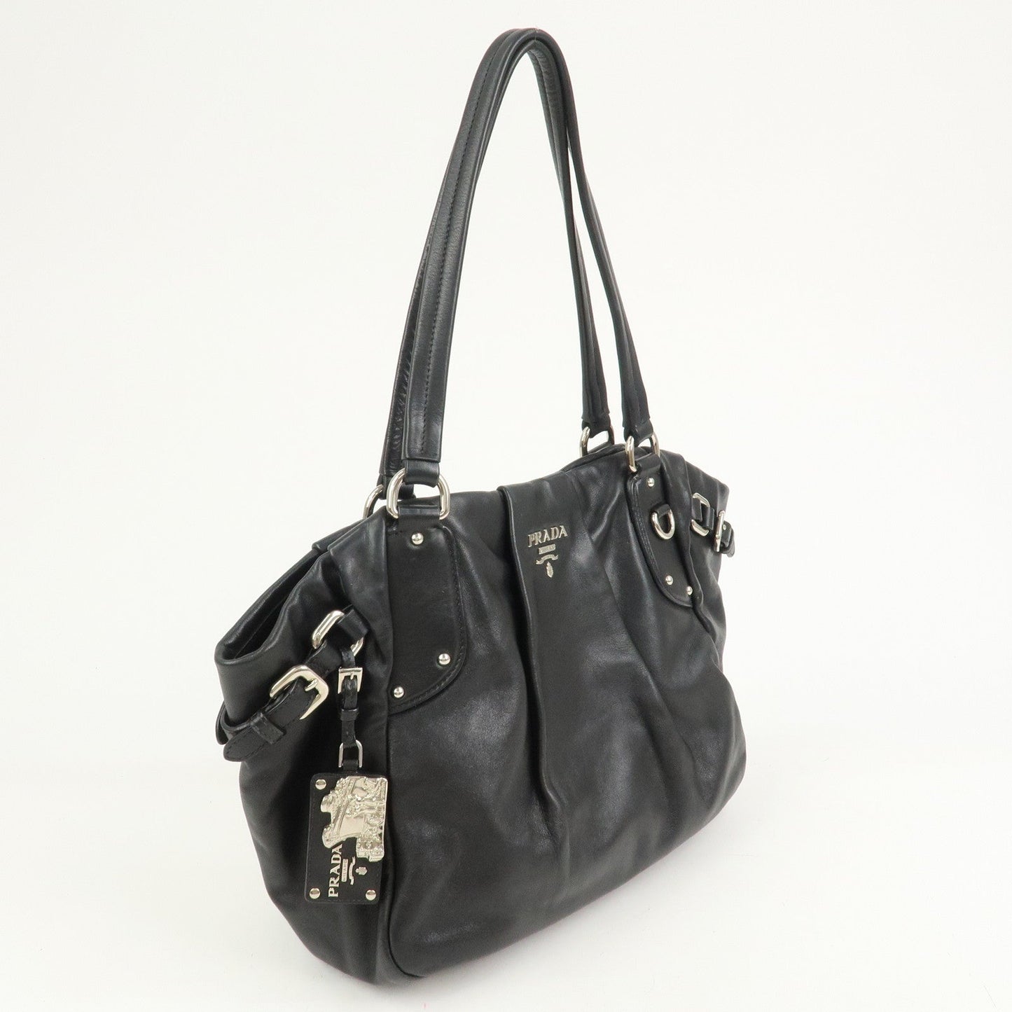 PRADA Logo Leather Shoulder Bag Hand Bag Black BR3974