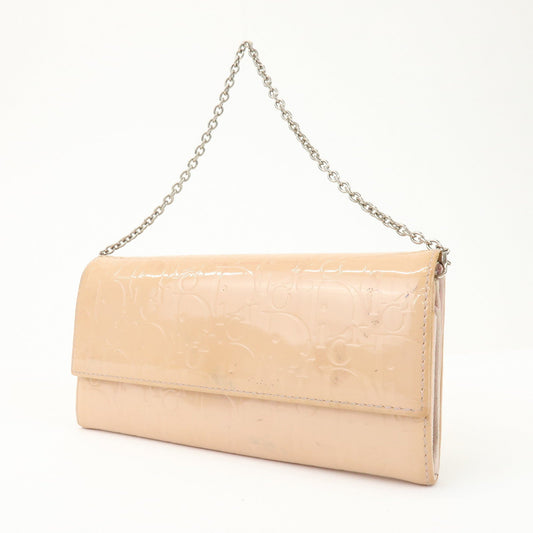 Christian Dior Patent Leather Chain Wallet Long Wallet WOC Beige